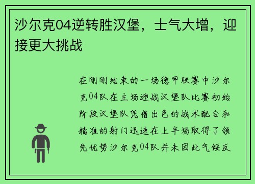 沙尔克04逆转胜汉堡，士气大增，迎接更大挑战